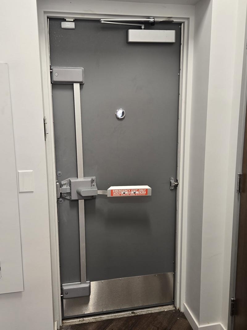 Commercial door with a panic bar and continuous hinge